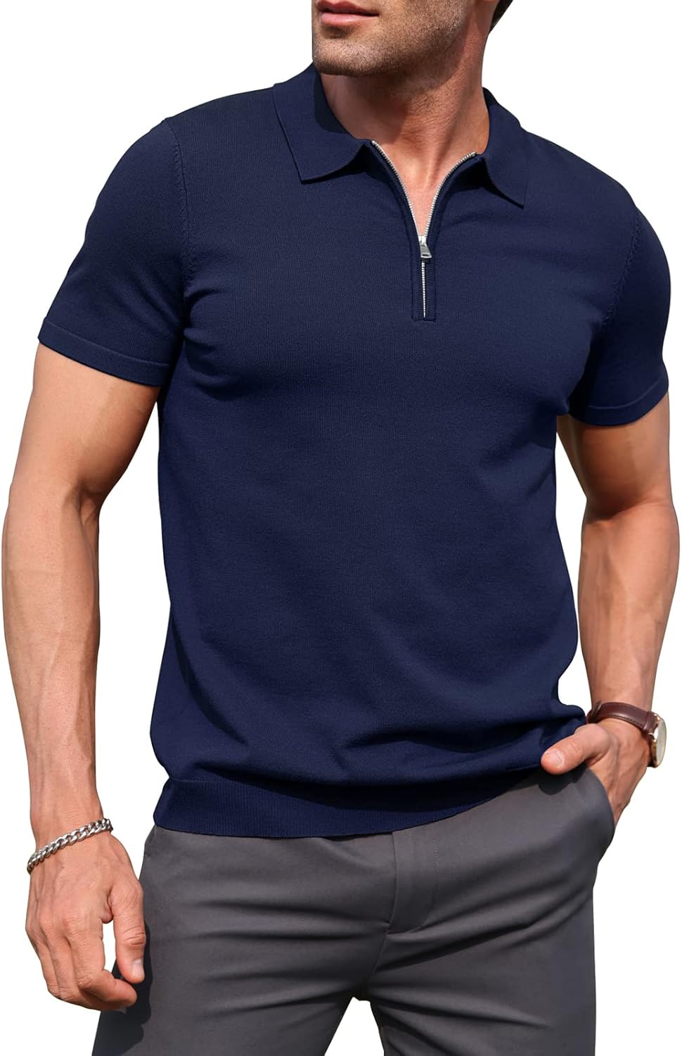RQP Mens Zipper Polo Shirts Knit Casual Shirts Short/Long Sleeve,Stretch Slim Fit Golf Shirts,Soft Pullover