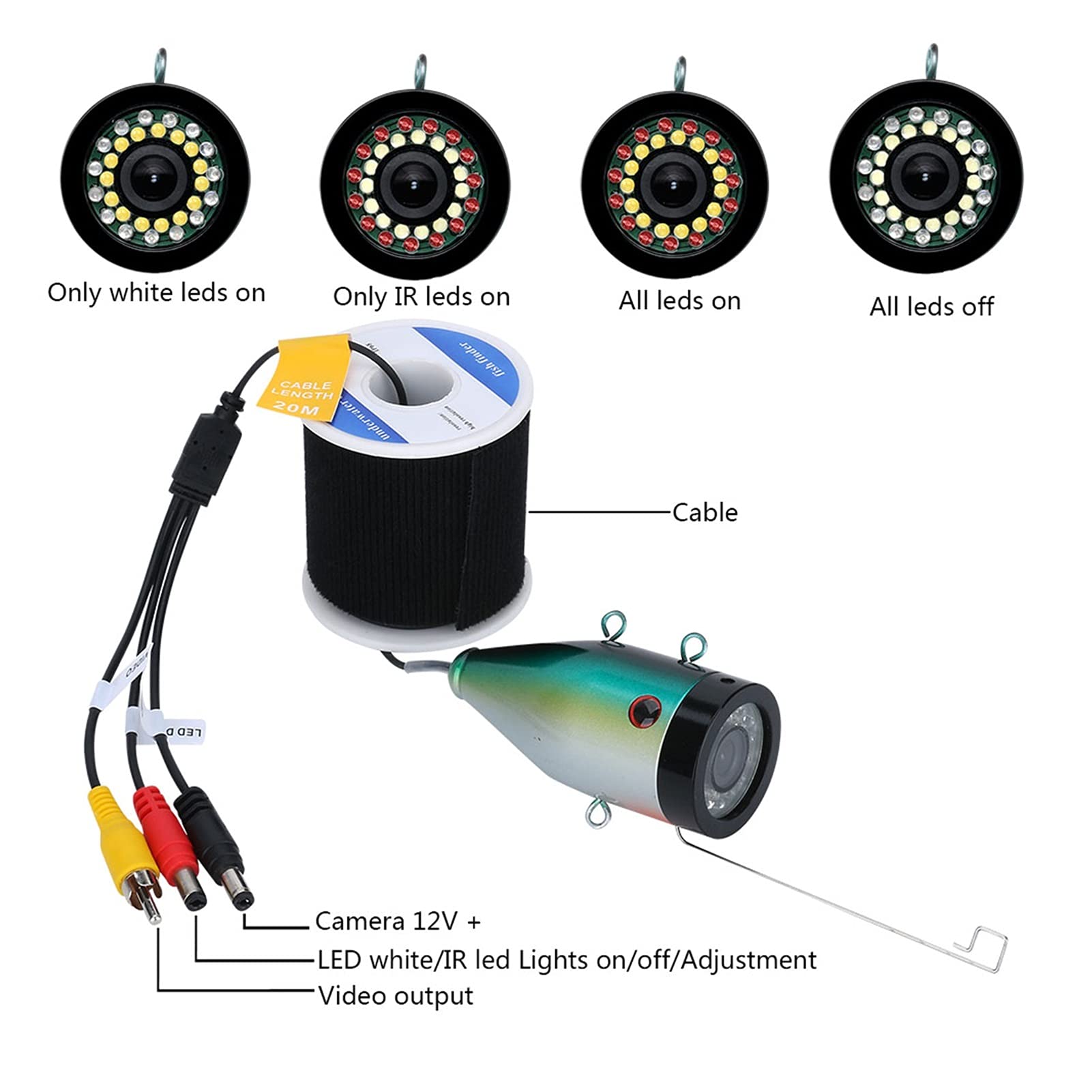 Podwodna Echosonda, 7 '' HD 1080P DVR. Fish Fisher Podwodny Kamera Wędkarska 1280 * 720 Screen15PCS White. LE DS + 15 sztuk Lampa na podczerwień(G7A-2L-30M NO DVR)
