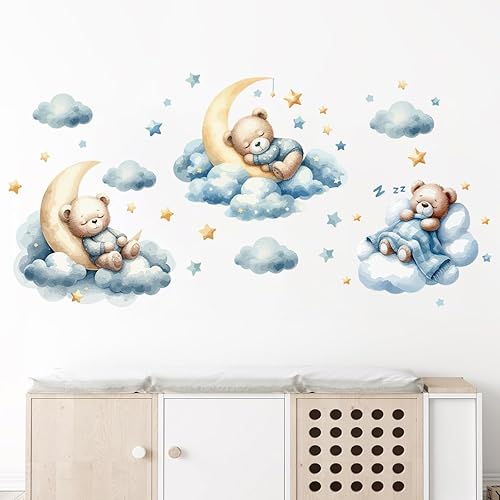 Miniatura 4 de Calcomanías de pared con diseño de oso de dibujos animados azules, diseño de nube, estrella de animales, calcomanías de pared para habitaciones de