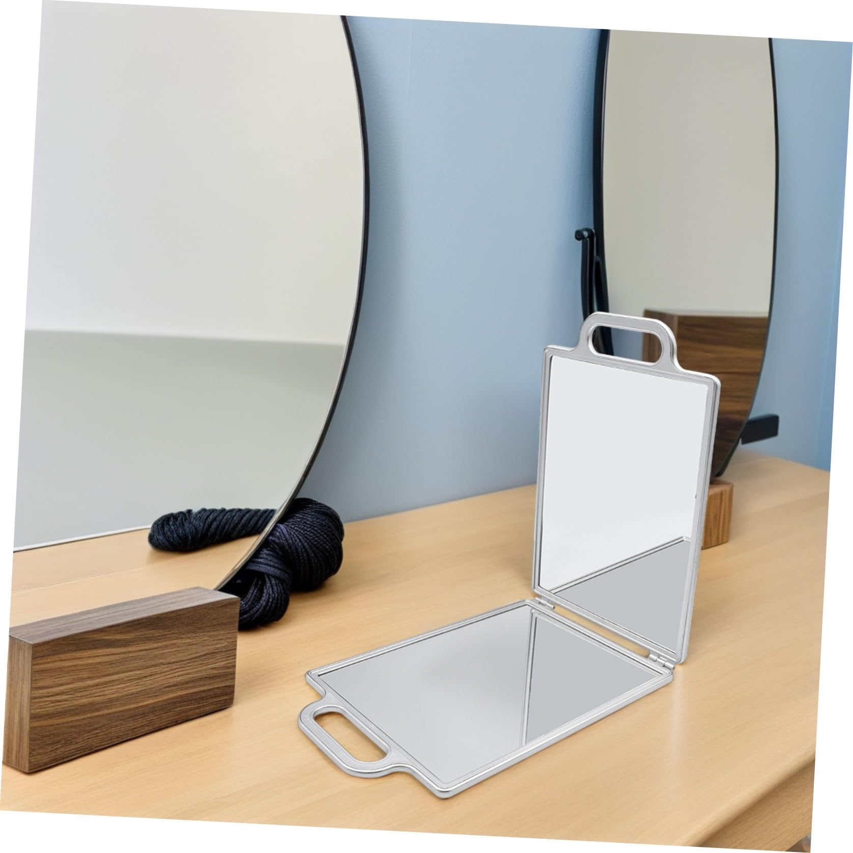 Specchio Parrucchiere Doppio Lato con Doppia Maniglia, Portatile e Pieghevole in Vetro e Plastica, per Saloni Professionali e Styling