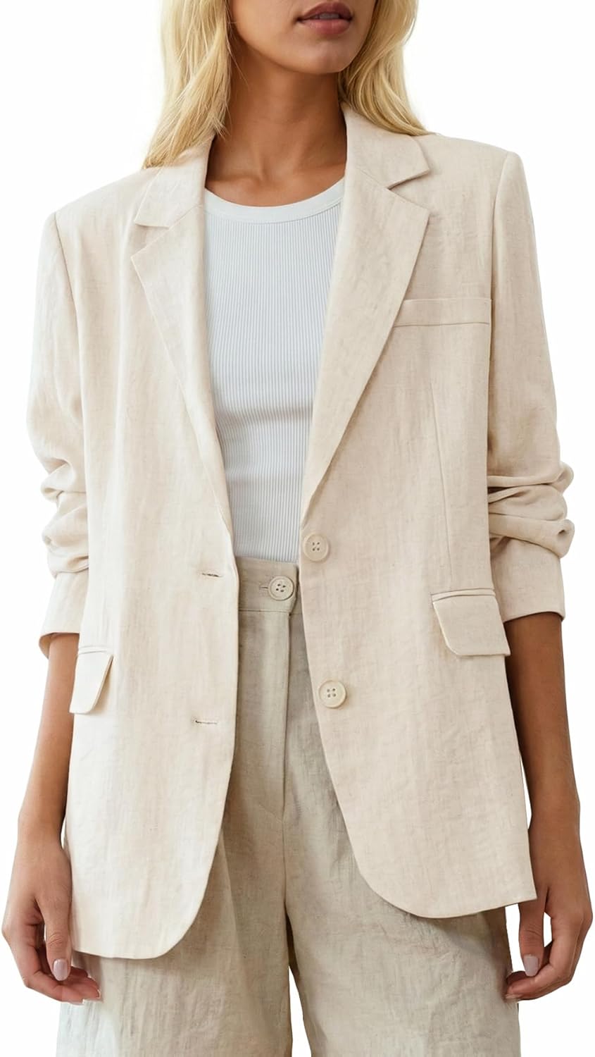 Mina Self 2026 Spring Women’s Linen Blazer – Short Sleeve Oversized Long Full-Lined Lightweight Casual Work Pocket Jacket