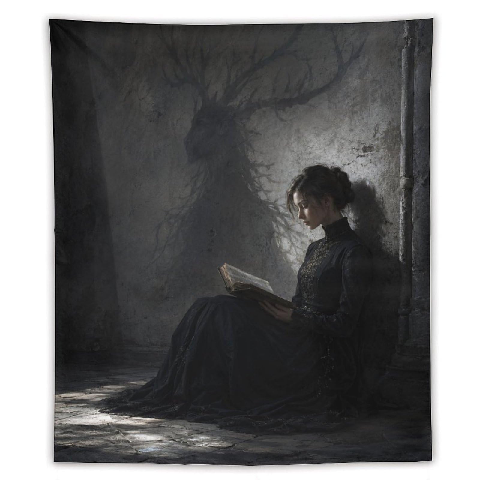 H3B8U2Y5 Moonlit Woman Reading Wall Tapestry, Gothic Room Light
