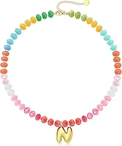Initial Necklaces for Women, Beaded Necklaces for Women with Bubble Necklace Letter Stocking Stuffers for Teens Trendy Stuff Colorful Gemstone Choker 14k Gold Letter A-Z Pendant Summer Beach Christmas Birthday Jewelry for Her Girlfriend Sister