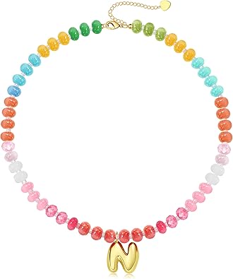 Initial Necklaces for Women, Beaded Necklaces for Women with Bubble Necklace Letter Stocking Stuffers for Teens Trendy Stuff Colorful Gemstone Choker 14k Gold Letter A-Z Pendant Summer Beach Christmas Birthday Jewelry for Her Girlfriend Sister