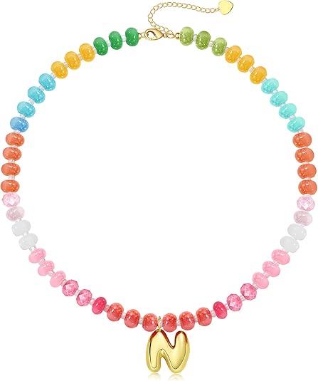 Initial Necklaces for Women, Beaded Necklaces for Women with Bubble Necklace Letter Stocking Stuffers for Teens Trendy Stuff Colorful Gemstone Choker 14k Gold Letter A-Z Pendant Summer Beach Christmas Birthday Jewelry for Her Girlfriend Sister