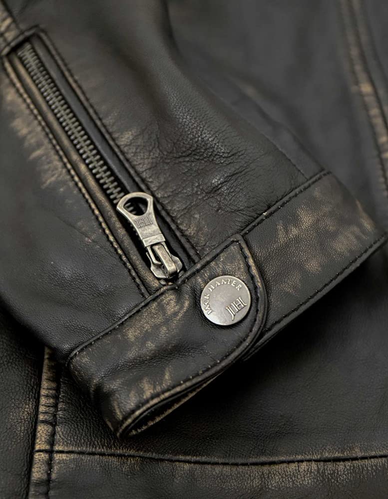 Herren Lederjacke Lammnappa Bikerjacke Kapuze schwarz-beige