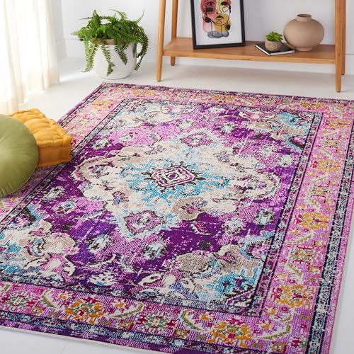 SAFAVIEH Tapis Boho Pour Salon, Salle à manger, Chambre à coucher - Monaco Collection, Tapis à poil court, Violet et bleu clair, 155 X 231 cm