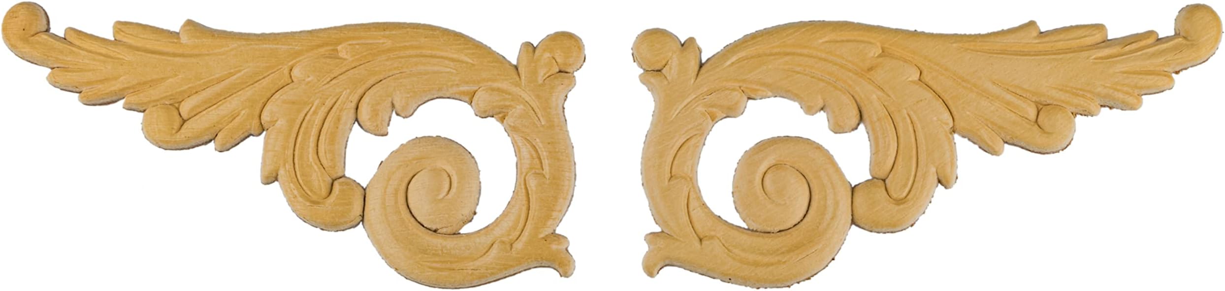 UNIQANTIQ HARDWARE SUPPLY Pair Feathe Birch Wood Applique - 6" x 2 3/4" - Onlay Antique & Modern Furniture Doors, Walls Carved Ornamental Decor | G10-B8