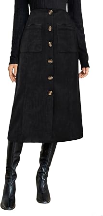 Melliflo Womens High Waist Corduroy Skirt Fashion Button Front A-Line Midi Skirt 2024 Winter Long Skirts for Women
