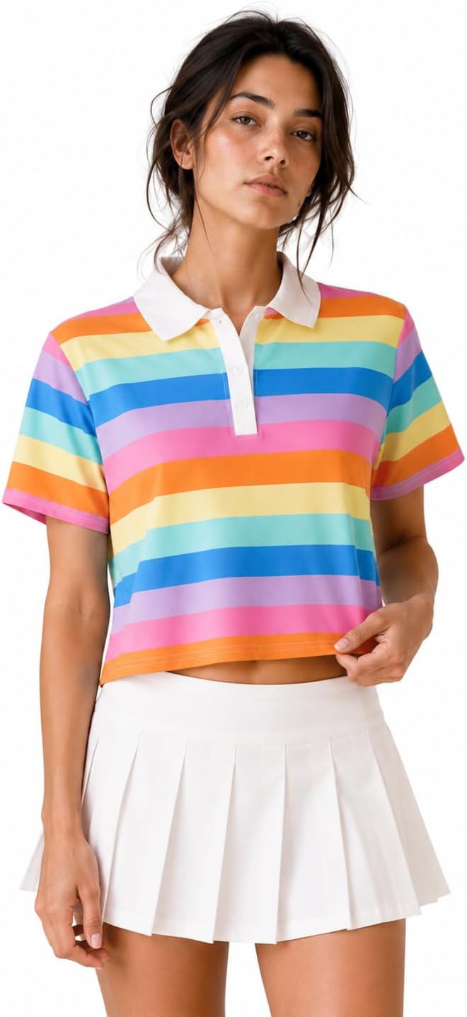 Remidoo Women's Striped Polo Crop Top Collared Rainbow Half Button Short Sleeve Shirt