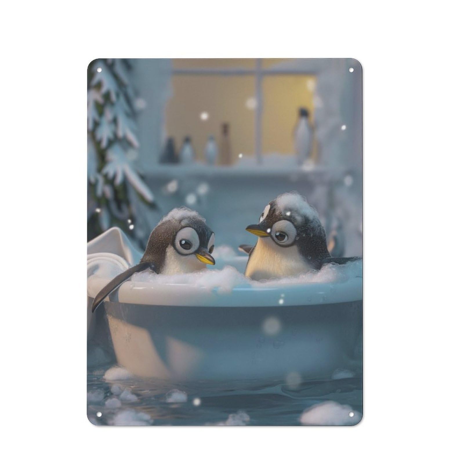 Junmoney Penguins Bath Washing Cute Printed Metal Sign 40X30cm For Studio Or Craft Room, For Creative-Space Collectors