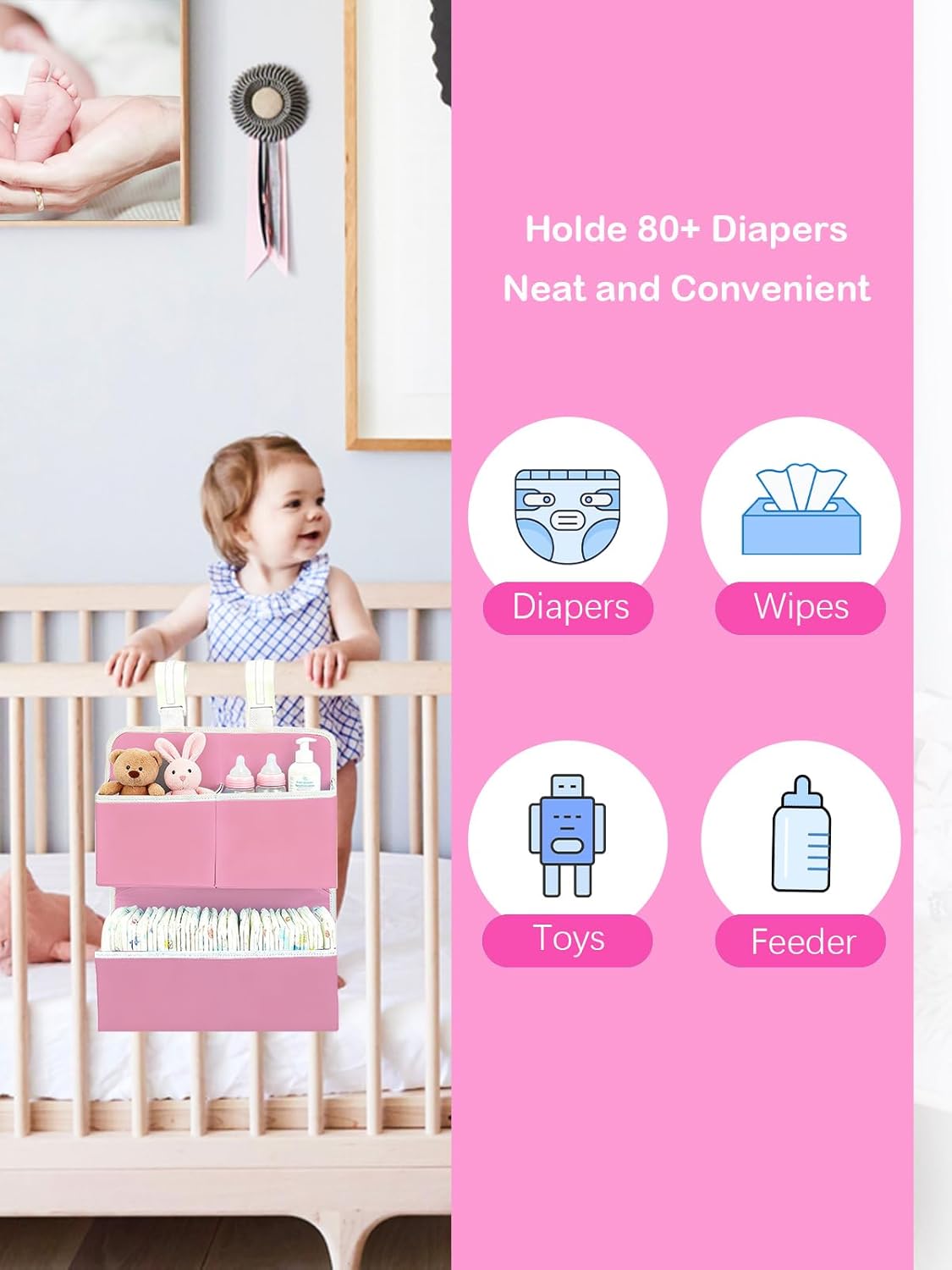 Hanging Diaper Organizer for Bassinet/Crib/Playpen/Playard – Hold 80+ Diapers - Changing Table Diaper Holder Attachment Accessories- Diaper Stacker Nursery Caddy Organizer (Pink)