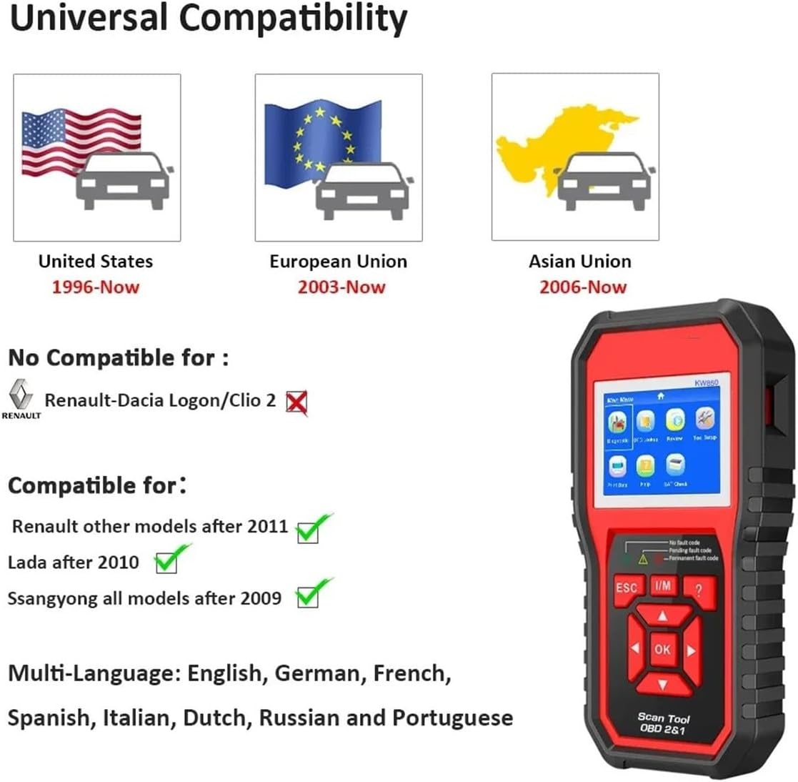 KW850 Professional OBD2 Scanner Diagnostic Tool Automotive Scanner Code Fault Ode Reader Check Engine For All Cars After 1996