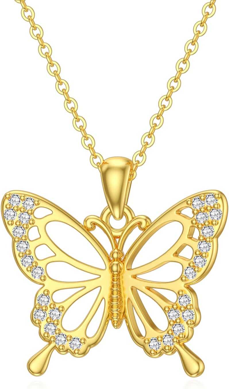 DOVRAN Real Solid Gold Birthstone Butterfly/Dragonfly/Bee/Hummingbird Necklace for Women Yellow Gold Animal Pendant for Christmas Dainty Jewelry Birthday Gifts for Mom Wife