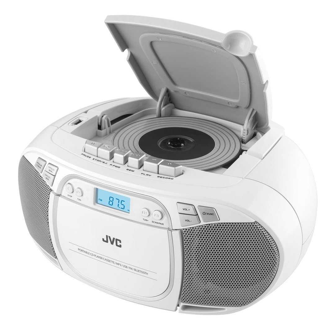 JVC Boombox RC-E451W - Lettore radio CD portatile con Bluetooth, sintonizzatore FM, USB e AUX, riproduzione MP3, CD-R/CD-RW, 3,2 W stereo, display LCD, compatto e leggero