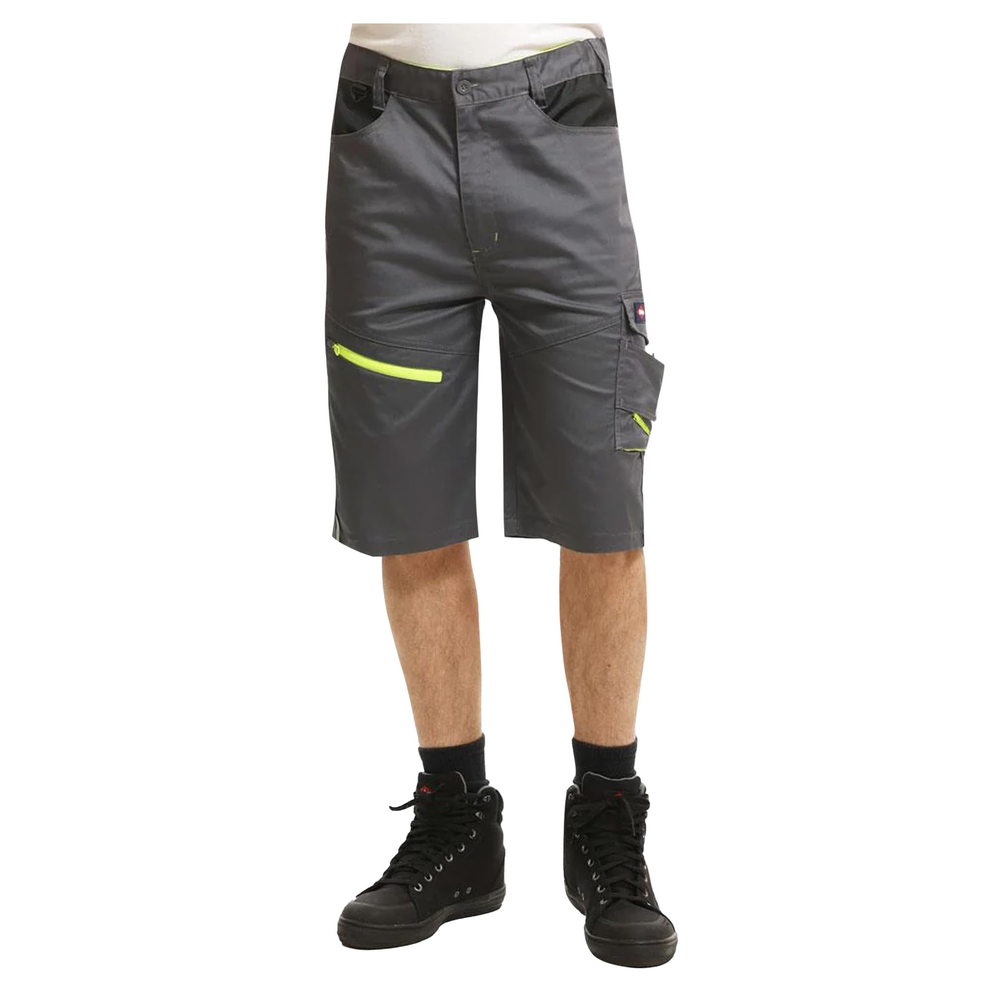 Lee Cooper Men's Hi Vis Work Shorts Reflective Stretchable High Visibility Cargo Detail Multi & Holster Pocket Durable Lightweight Workwear Short Pant for Men Casual Wear (Grey/Black, 32W)