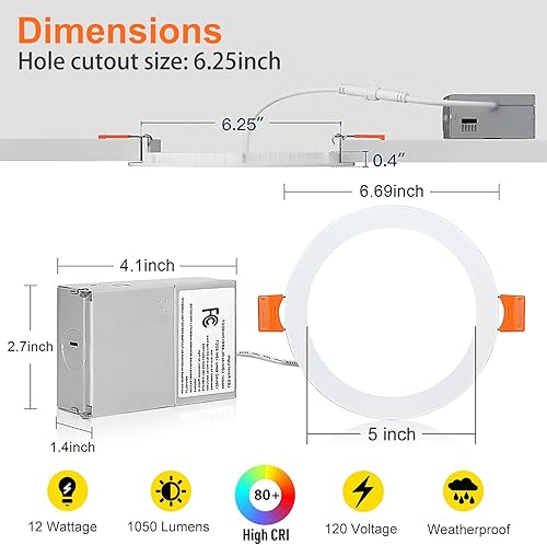 Miniatura 5 de Paquete de 12 luces empotrables LED empotrables de 6 pulgadas con caja de conexiones, luz empotrada de brillo de 1050 lm, 12 W 110 W Eqv, luces