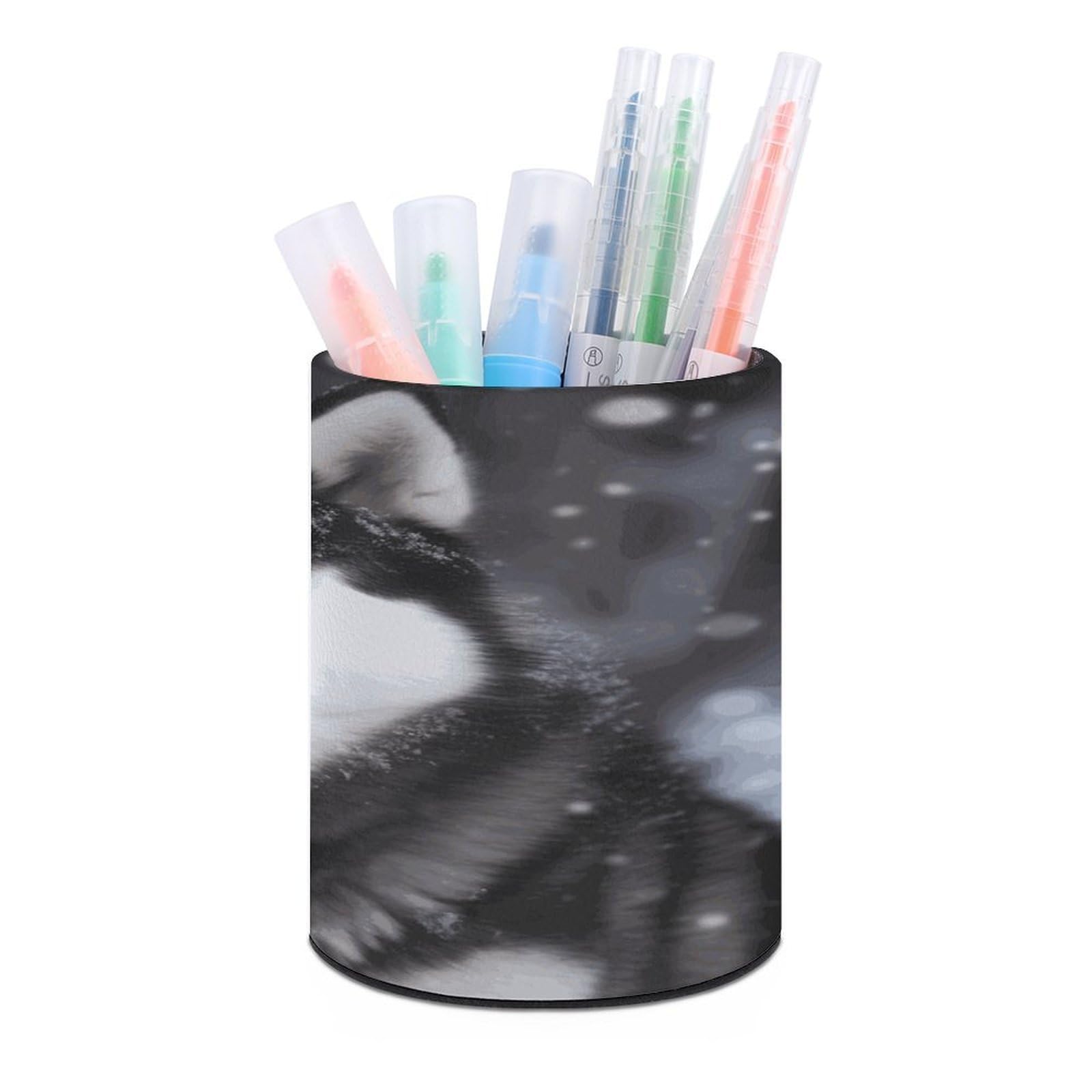 JTREHY Husky In Snow Dog Pen Holder Round Pen Pencil Holder Makeup Brush Holders Cup PU Leather Pencil Cups Desktop Caddy Stationery Organizer Case Office Accessories Container Box