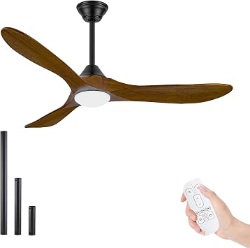 52 Inch Outdoor Ceiling Fans for Patios with Light Remote Control, 3 Blade Wood Farmhouse Ceiling Fan, Indoor Large Airflow Quiet DC Ceiling Fan for Bedroom Gazebo Office, 3 Downrods