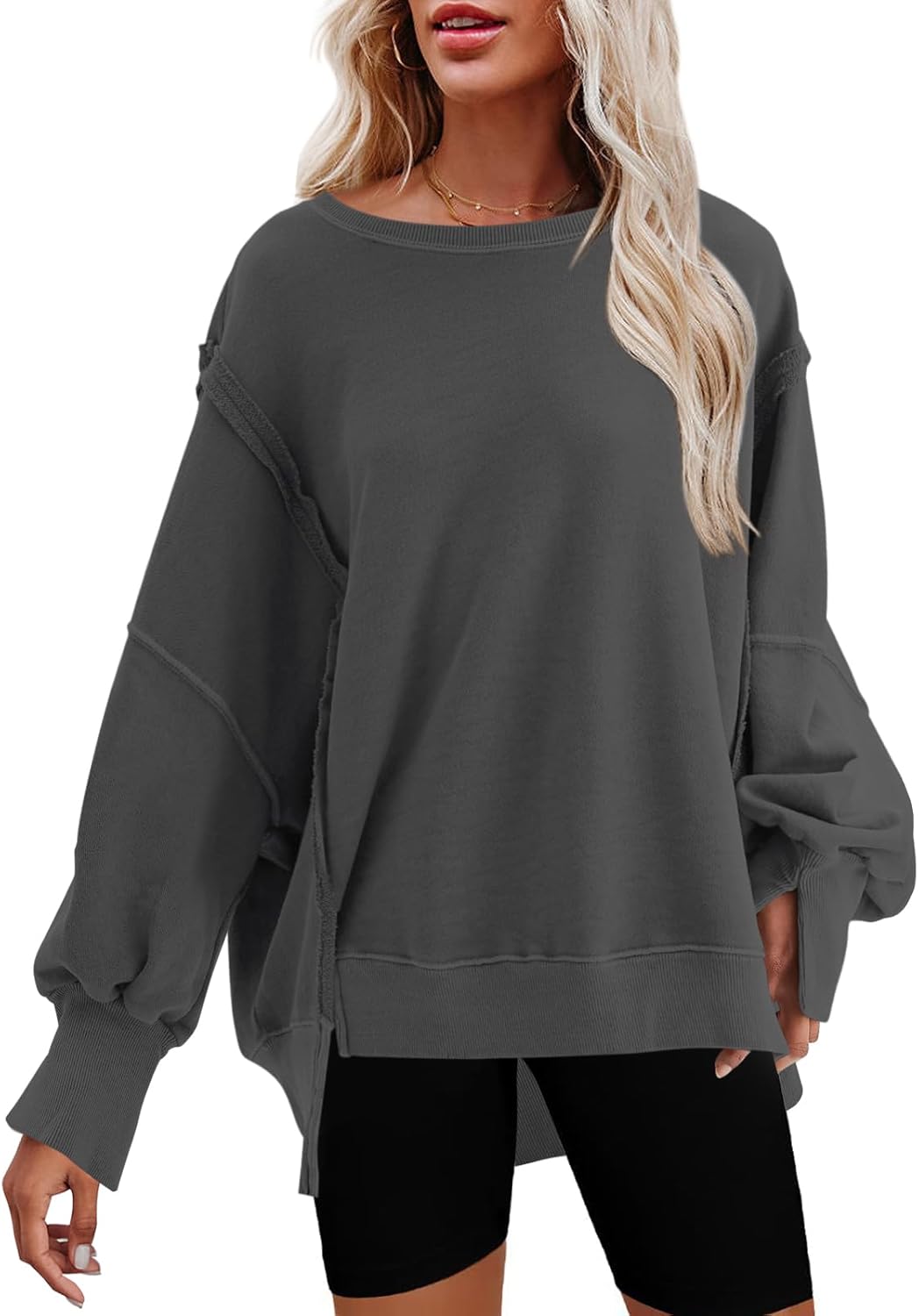 Nirovien Womens Oversized Crewneck Sweatshirt Side Slit Long Sleeve Pullover Slouchy Fit Tops