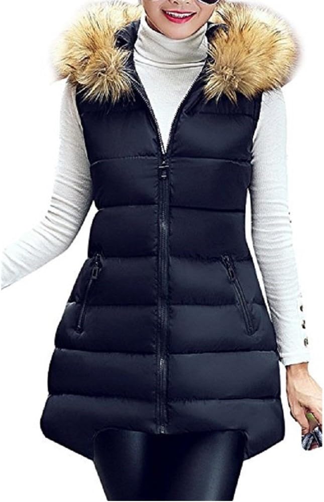 Janly Women Winter Gilet Long Faux Fur Hooded Padded Puffer Quilted Vest Gilet Bodywarmer Zip Up Sleeveless Jacket Coat Winter Warm (Tag 3XL/UK 14, Black)
