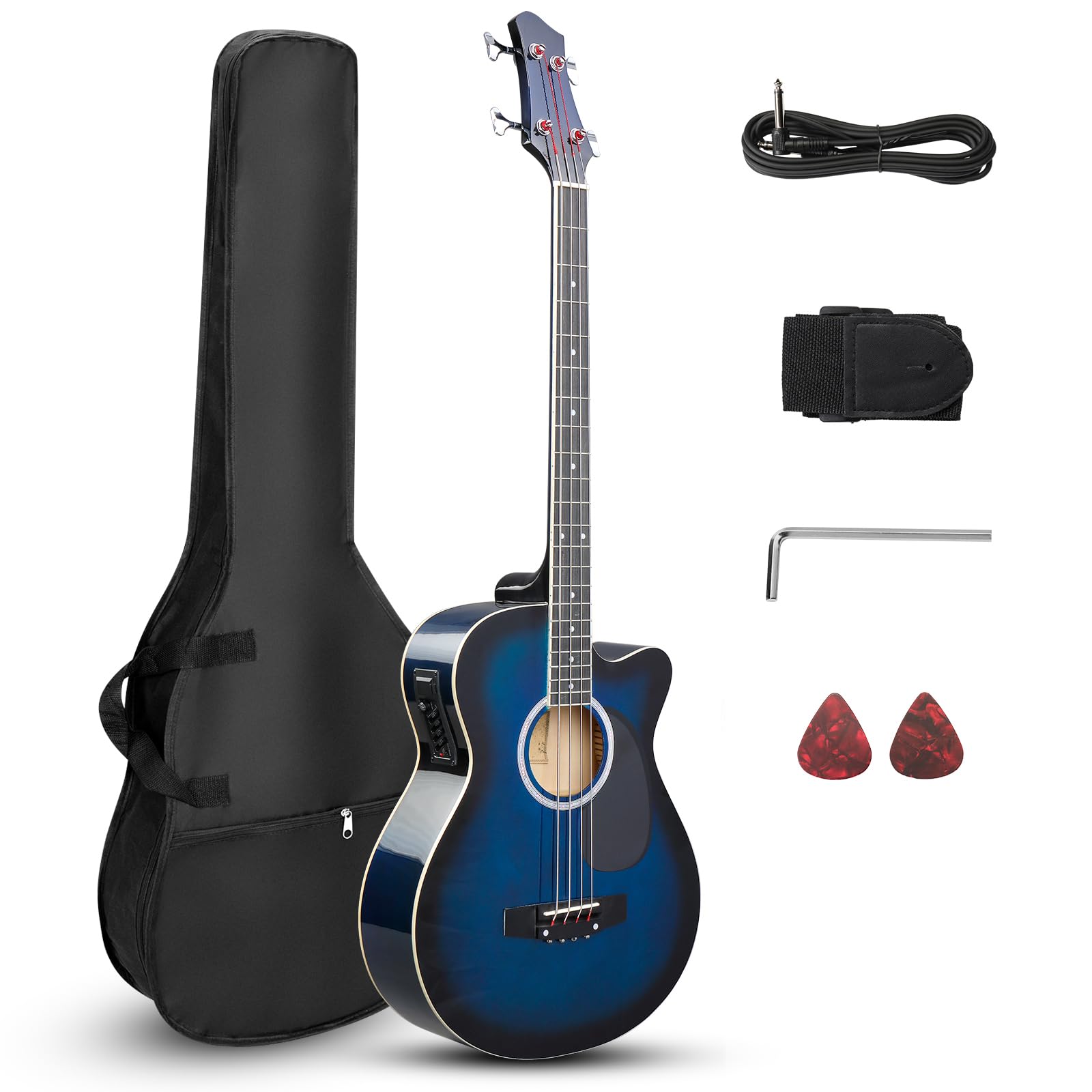 Ktaxon 4 String Acoustic Bass Guitar, Full Size Bass Guitar Kit with Portable Guitar Bag, Premium Cable, Wrench, Strap, Plectrum (Blue)