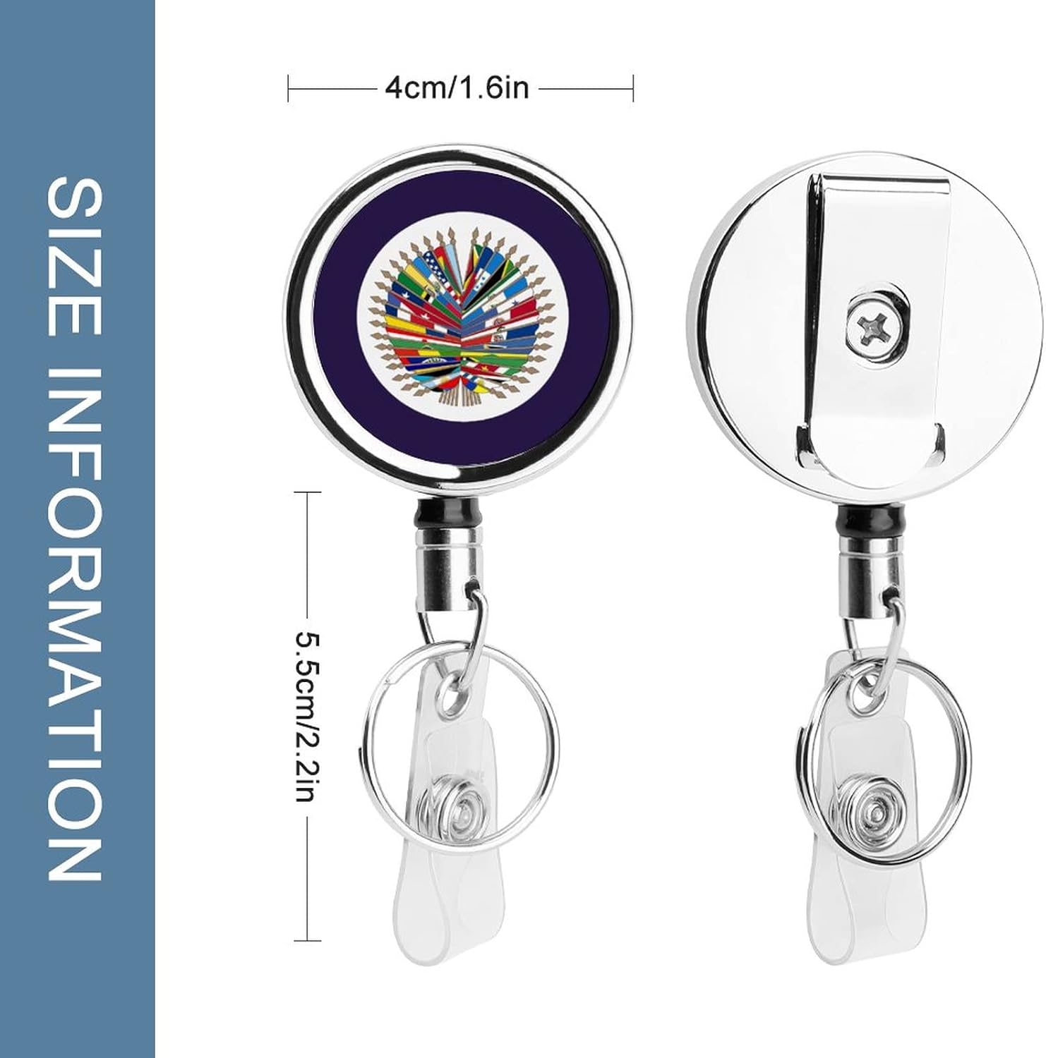 United States National Organization FlagRetractable Keychain, 24.4in Retraction, Heavy Duty Badge Reel, Metal Badge Clip with Steel Cable, Key Ring and Badge Buckle