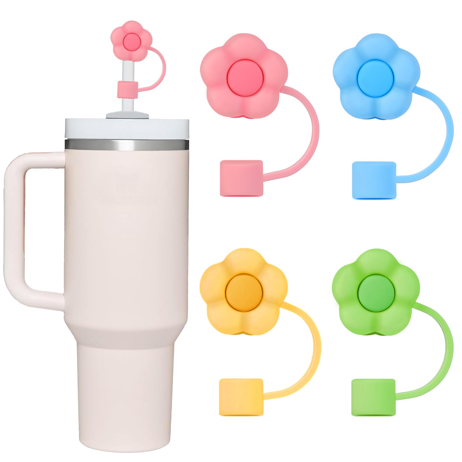 Asaleilipa4PCS Straw Cover Cap for Stanely Cup 40oz-20oz, 0.4Inches Silicone Drinking Straw Cover Dust-proof, Resuable Flower Straw Topper Stanely Accessories