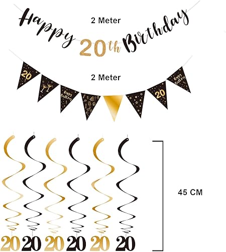 Miniatura 3 de BRT Bearingshui Kit de decoración de cumpleaños número 20 para hombres y mujeres, pancarta de feliz cumpleaños 20, serpentinas de remolinos,