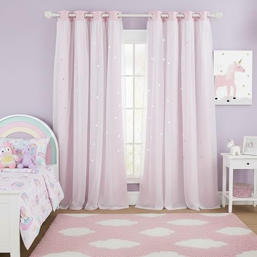 NICETOWN Kids Girls Bedroom Pink Curtains, Star Cutout Blackout with White Sheer Pastel Nursery Window Curtain Panels for Thanksgiving (Lavender Pink, 2Pcs, W52 x L84)