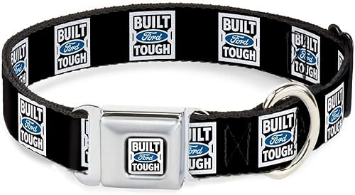 Buckle-Down BUILT FORD TOUGH Logo2 - Collar de perro con hebilla para cinturón de seguridad, negroblancoazul, 1 pulgada de ancho, se adapta a cuello