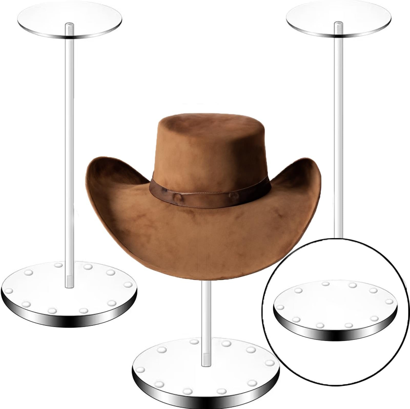 Acrylic Hat Display Stand 3 Pack- Thickened Base for Helmet, Wig, Cowboy Hat, Baseballcap, Closet Holder Rack Organizer( 11.8Inch Height)
