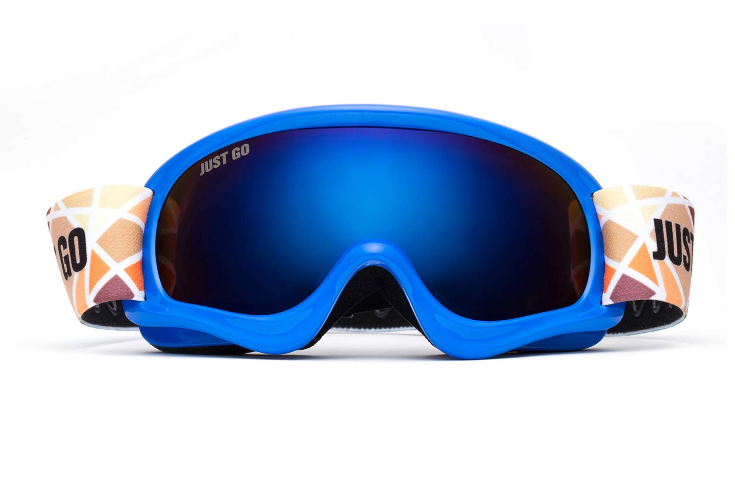 JUST GO Gogle narciarskie dla dzieci z etui EVA, gogle snowboardowe, przeciwmgielne, dwuwarstwowe soczewki ochronne UV 400, dla chłopców i dziewczynek, niebieska ramka, niebieskie soczewki REVO (VLT