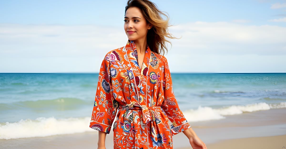 CRAFT KALA Women's Long Robes Kimono Robe with Colorful Crown Printed Pink Kimono Nightgown - Image 6