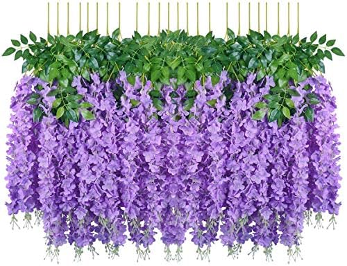 Pauwer Artificial Wisteria Flowers Vine Garland 24 Pack Fake Wisteria Vine Garland Hanging Flowers for Wedding Silk Long Bush Flowers String Home Party Decoration, Blue