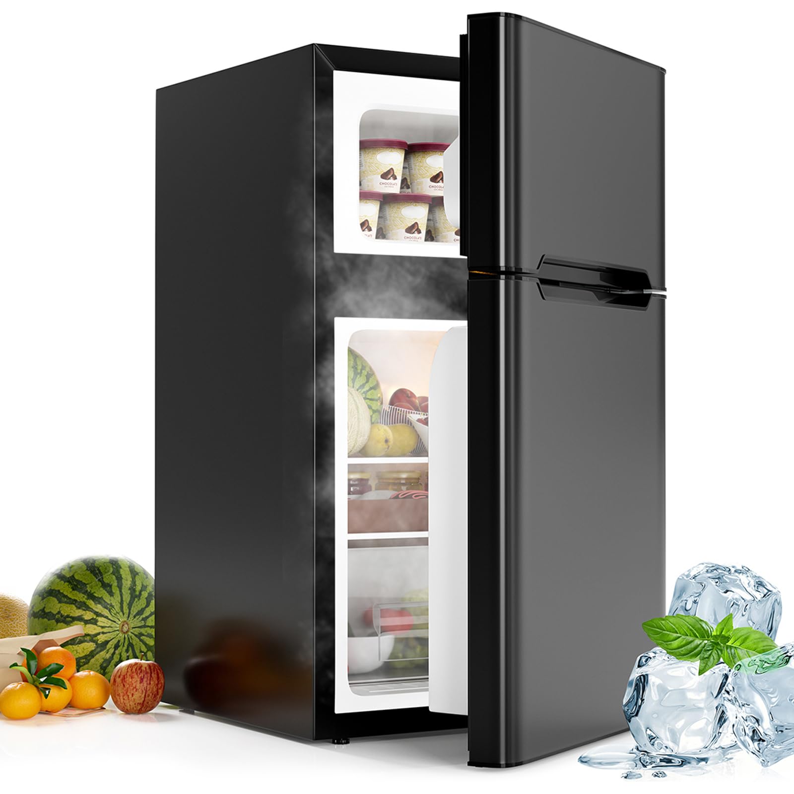 CHEFJOY 3.2 Cu.Ft Mini Fridge with Freezer, Compact Mini Refrigerator with 2 Reversible Doors, Adjustable Thermostat, Removable Glass Shelves, Low Noise Small Refrigerator for Office, Dorm (Black)