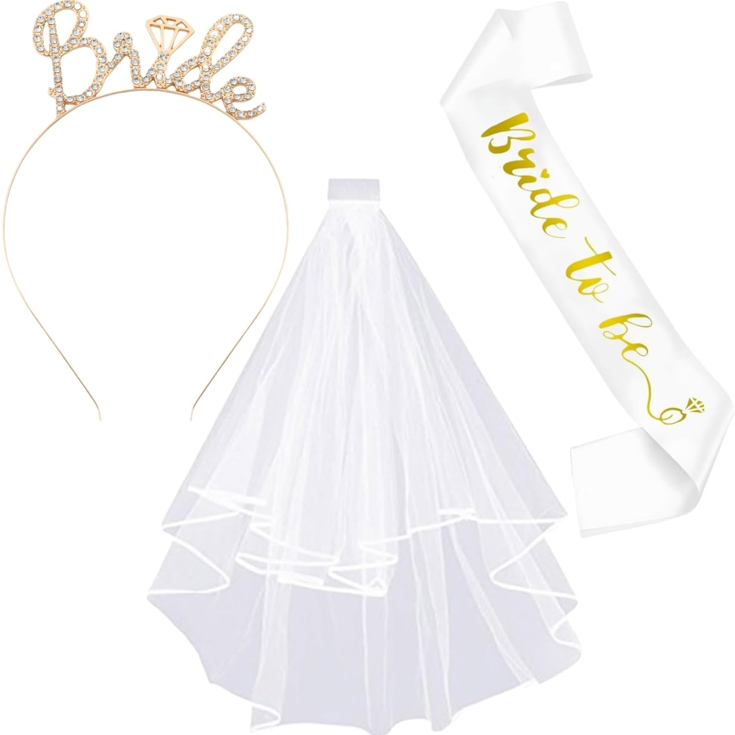 3 Pcs Bride to Be Sash, Tiara Rhinestone Headband & Shoulder-Length Veil with Comb for Bachelorette Party, Bridal Shower, Wedding Gifts & Favors (Gold)