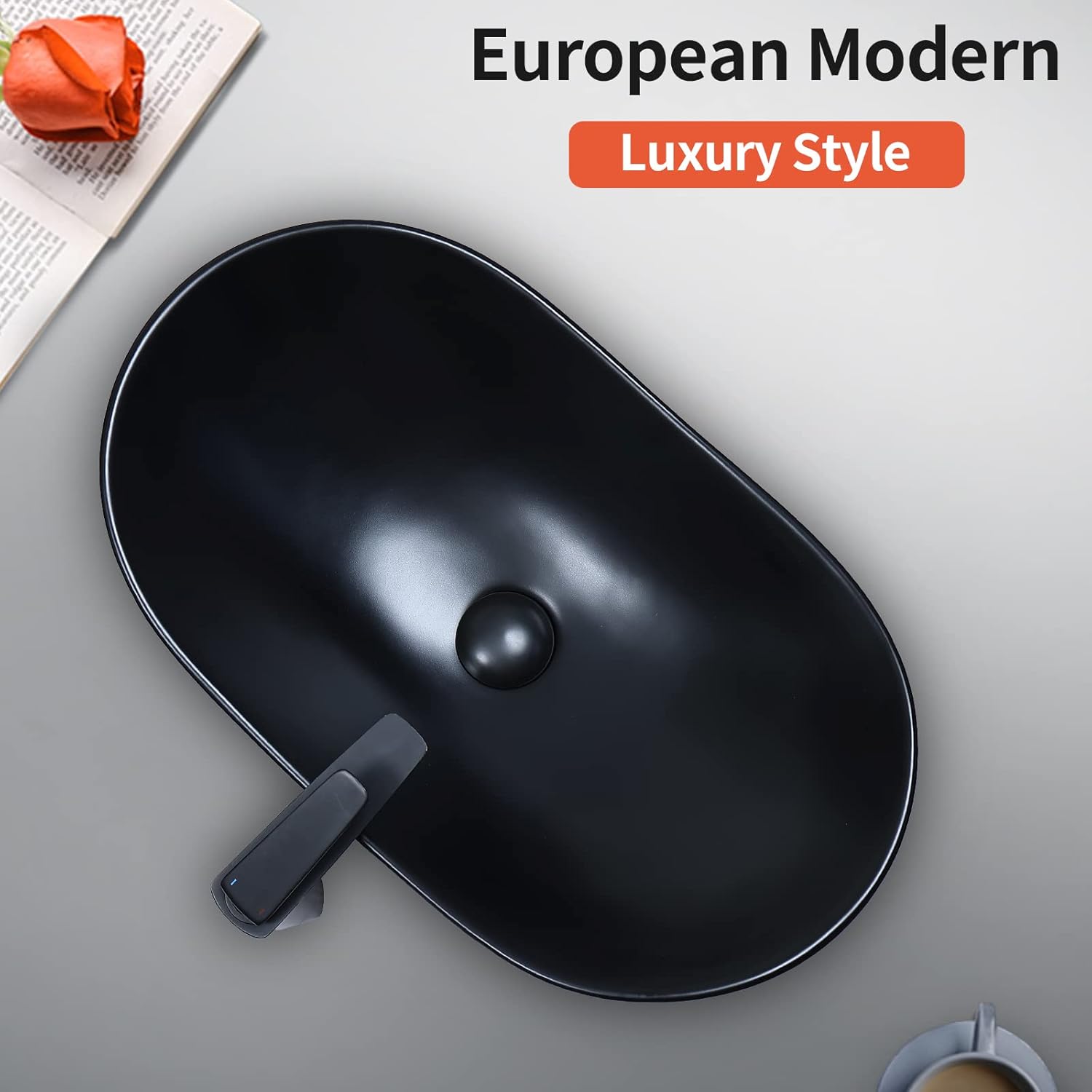 Davivy 24.5'' X 13.8'' Large Matte Black Oval Vessel Sink with Pop Up Drain,Boat Shape Bathroom Vessel Sink,Bathroom Sinks Above Counter,Matte Black Ceramic Vessel Sinks for Bathrooms (Large)