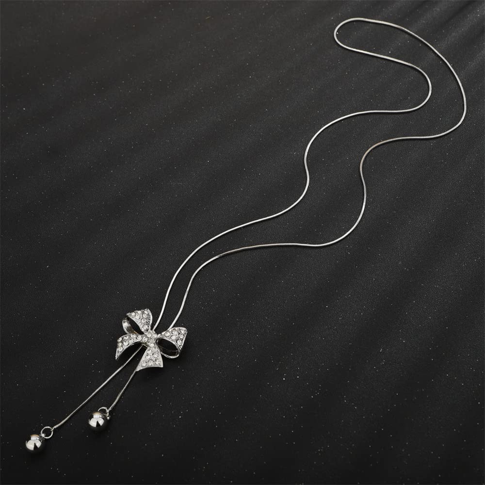 Sither Bow Pendant Necklace for Women Long Sweater Chain Beads Tassel Necklace Wedding Dressy Necklace Jewelry for Winter Evening Party Christmas Gift (silver) - Image 4