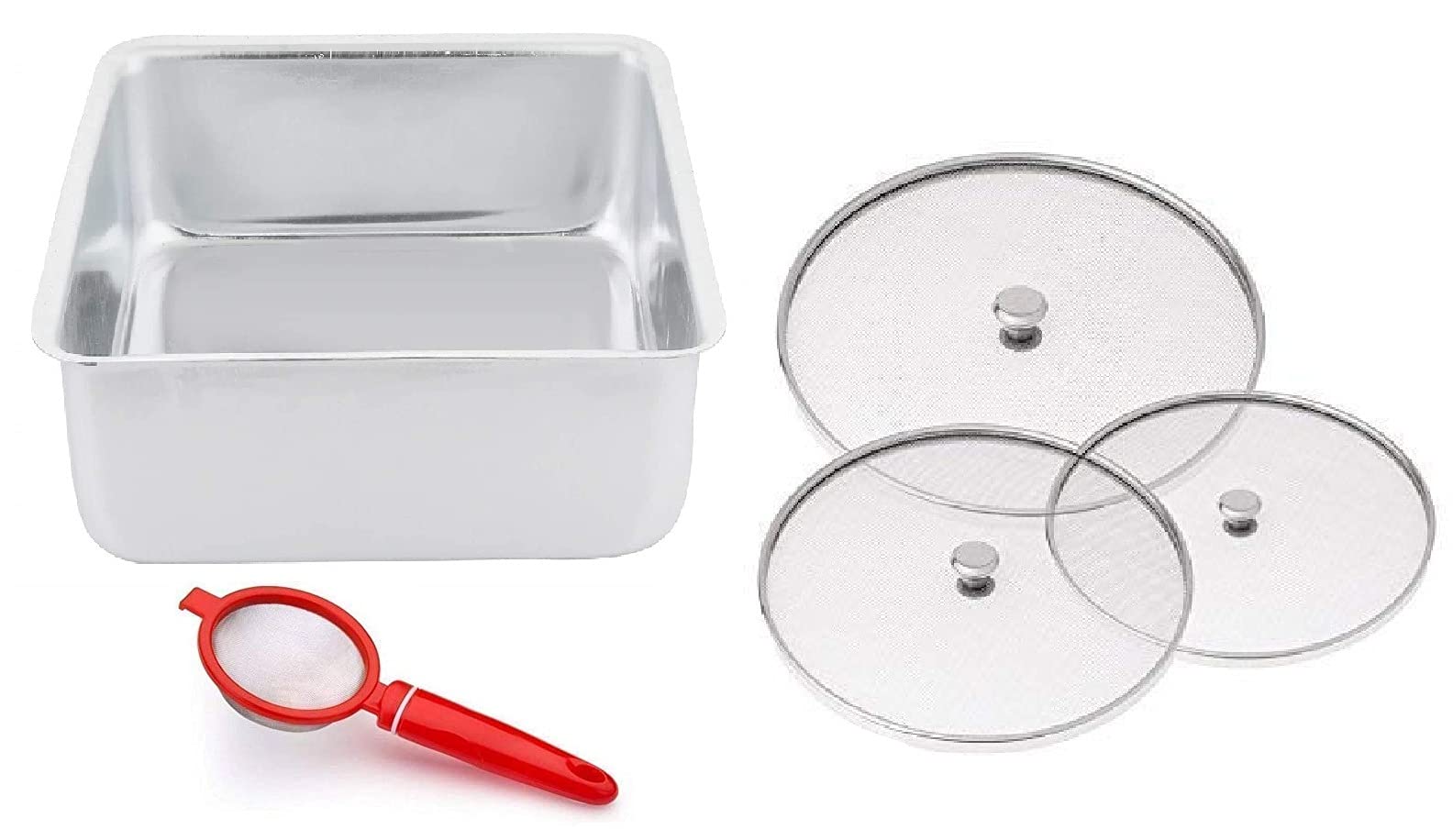 Vessel Crew Combo of Aluminium Square Shape Cake Mould, Plastic Tea Strainer and Stainless Steel Net Cover (Set of 3)