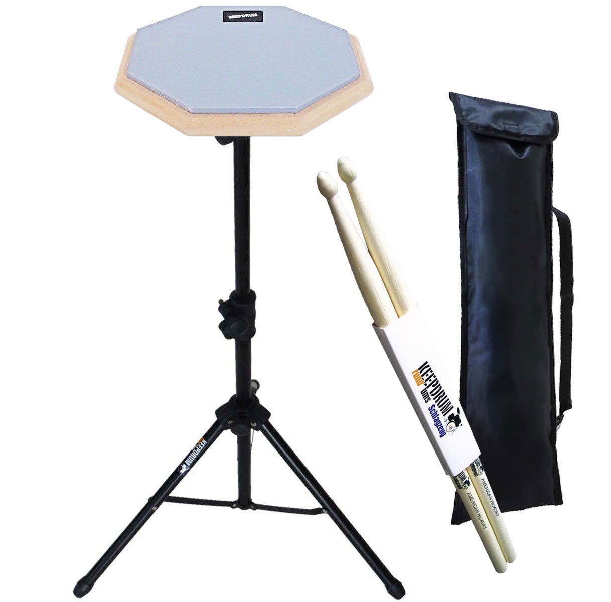 Keepdrum DP-GY8 Set di pad allenatore grigio con cavalletto, custodia e bacchette + 1 paio di bacchette
