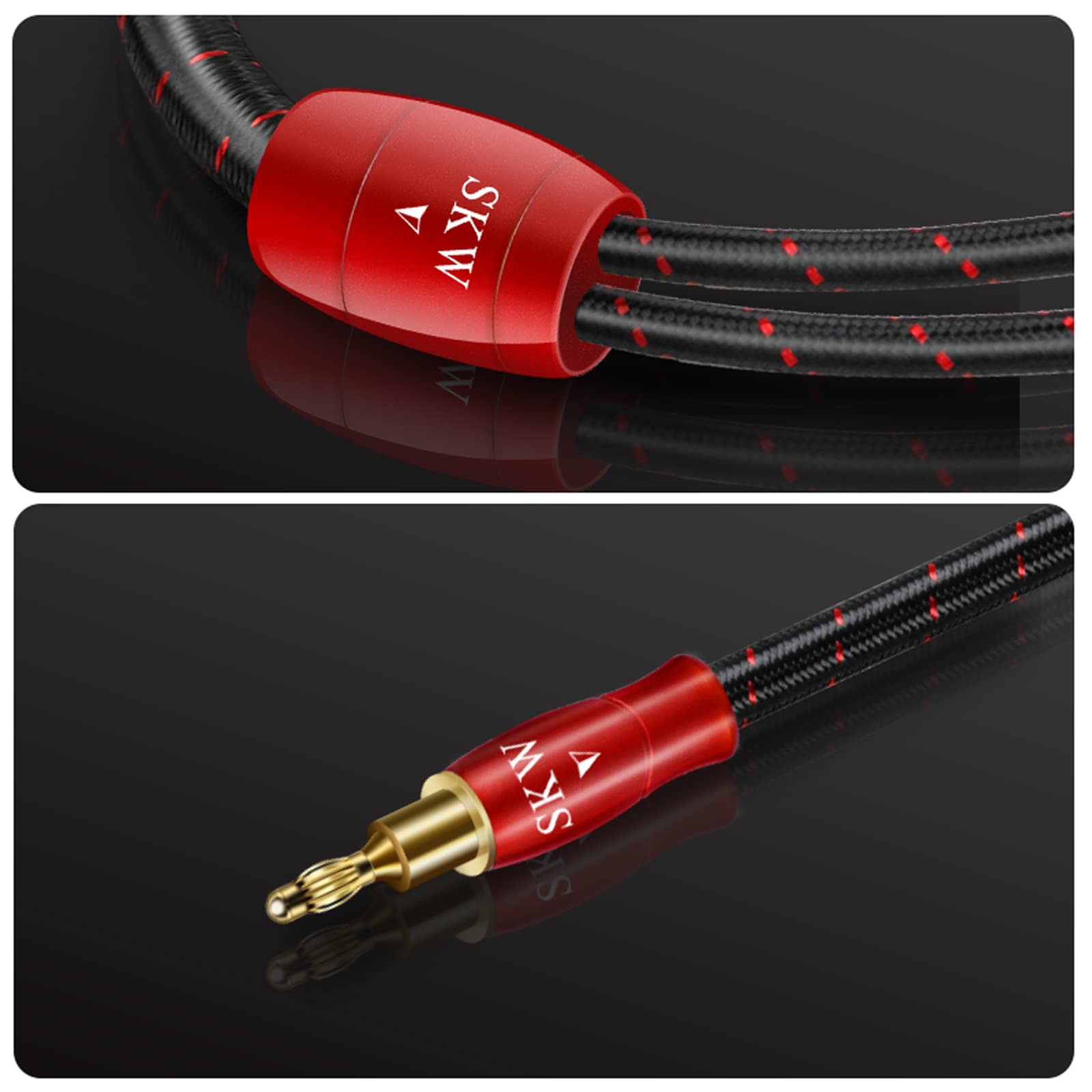 SKW 2m Lautsprecherkabel Set (Paar) – 14 AWG OFC Kupfer, geschirmt, vergoldete Bananenstecker & Gabelschuhe, geflochtenes Baumwollgewebe, rot
