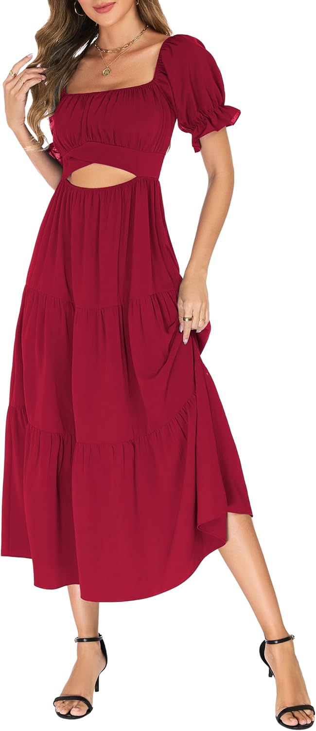 Mokayee Womens Summer Short Sleeve Ruffle Tiered Square Neck A Line Cutout Flowy Vacation Beach Maxi Dresses - Image 3