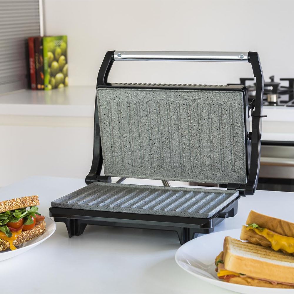 Cecotec Griglia elettrica con Grill Rock'n Grill. 700 W, superficie 23 x 14,5 cm, RockStone antiaderente, senza PTFE, PFOA, piastra galleggiante, maniglia fredda al tatto, indicatore luminoso