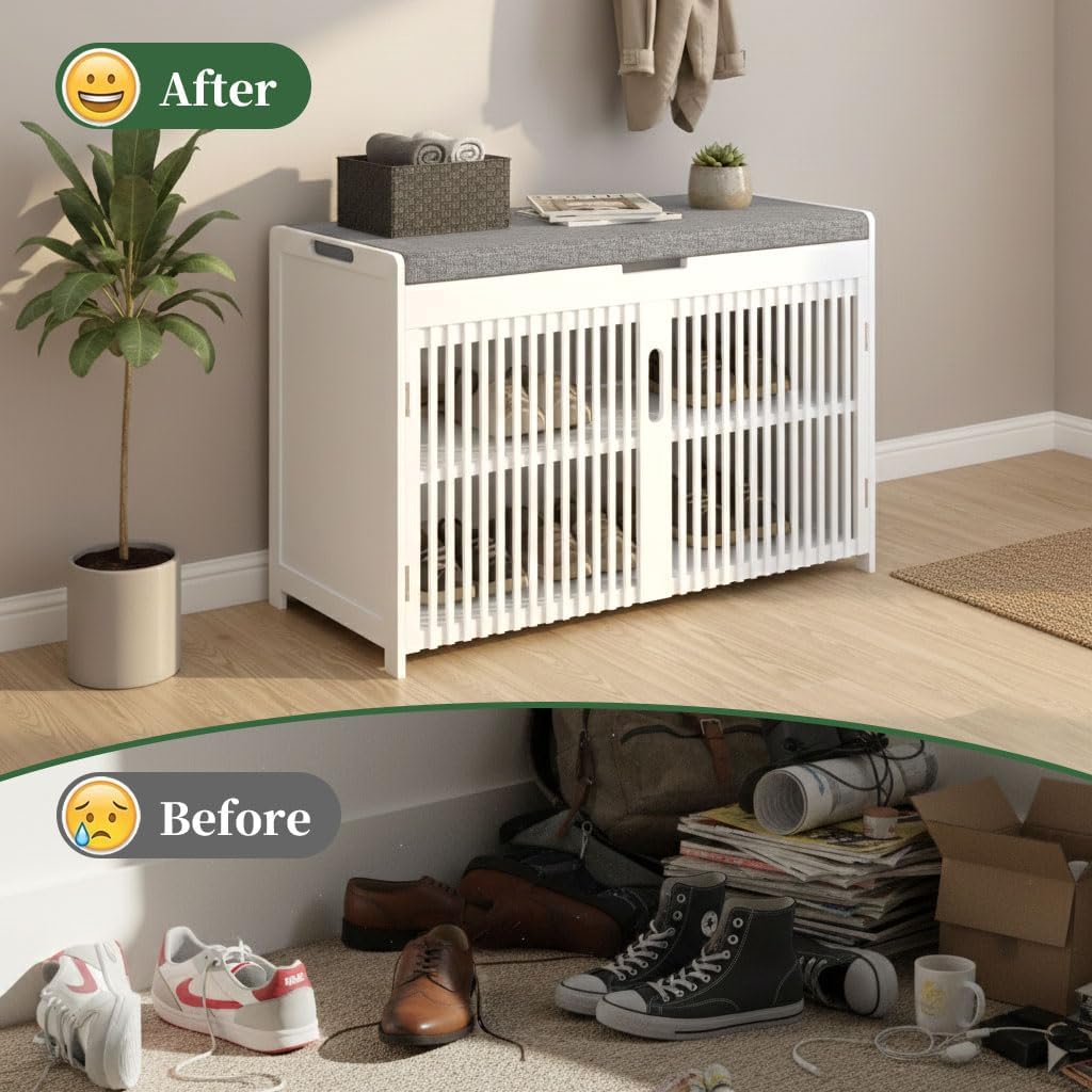 APRTAT Bamboo Shoe Storage Bench with Padded Cushion, 3-Tier Shoe Rack Organizer with 2 Ventilated Grille Doors for Entryway, Bedroom, Bathroom (White, Large)