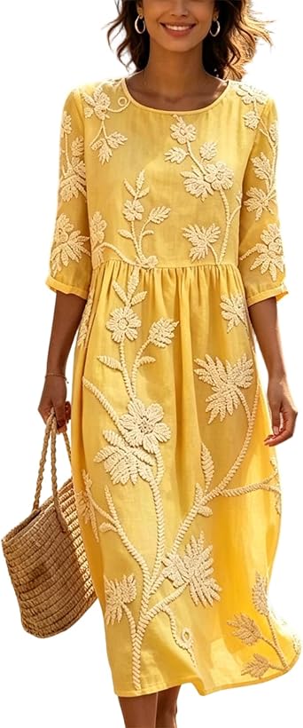 Linen Dresses for Women UK Plus Size Italian Summer Dress 3/4 Sleeve Round Neck Midi Dresses Vintage Floral Print Casual Boho Sundress Loose Fit Beach Swing Long Strand Dress