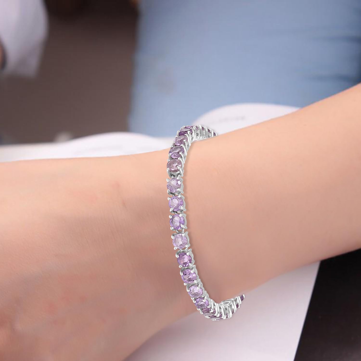 Pulsera de tenis de amatista para mujer, piedra natal de febrero, piedra preciosa morada facetada redonda, plata de ley 925, chapada en rodio blanco, cierre de caja, joyería fina
