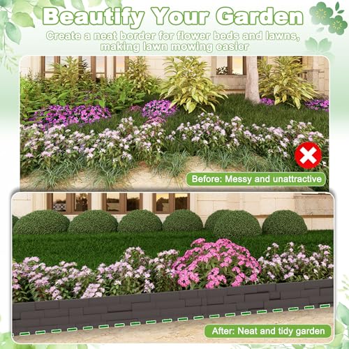 FIVMEN Rasenkante Kunststoff 5 m Steinimitatziegel Beeteinfassung Beetumrandung mit 10 cm Stifte Steinziegel Textur Imitiert beetbegrenzung Mähkante Palisade für Garten, Braun