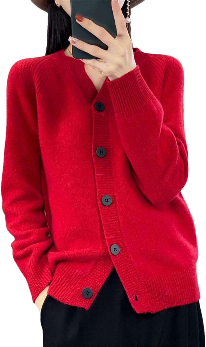 Women V-Neck Wool Cardigan Long Sleeved Cashmere Knitted Cardigan Loose Sweater Tops
