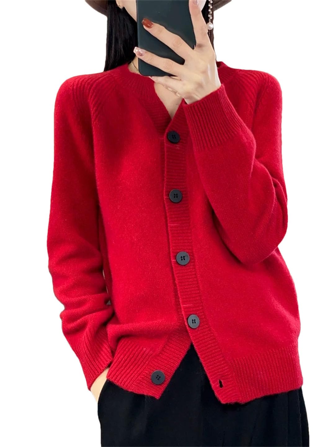 Women V-Neck Wool Cardigan Long Sleeved Cashmere Knitted Cardigan Loose Sweater Tops